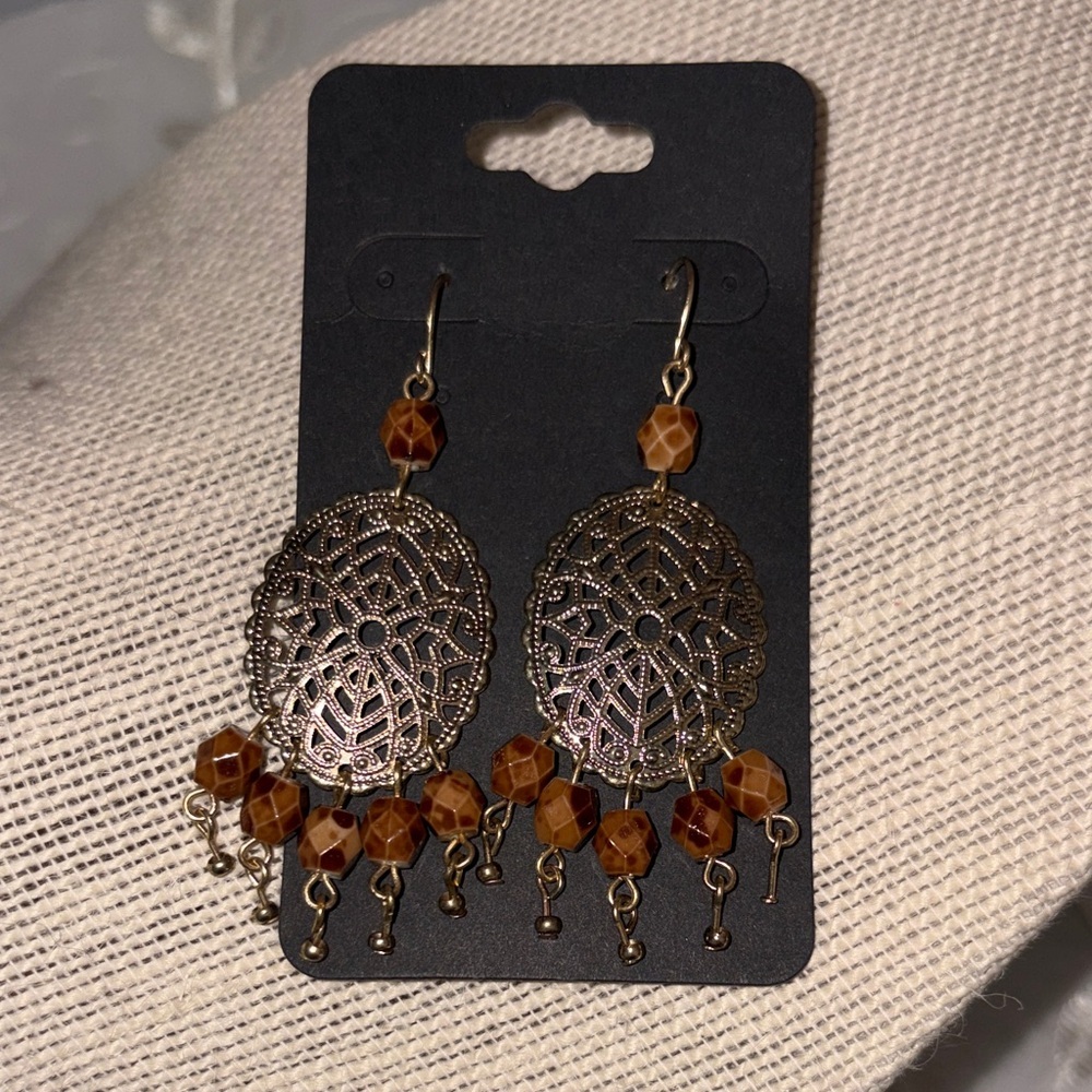 Intricate Gold and Brown Filigree Earrings